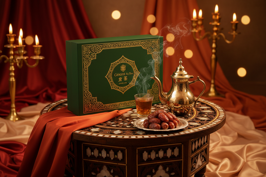 GENSHE Fu Tea luxury gift box presented on a Middle Eastern table with Arabic brass teapot and dates — Silk Road gifting heritage