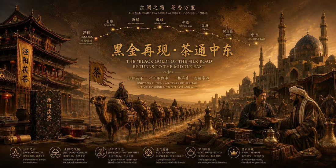 Genshe Fu Tea gift box on a Silk Road-inspired setting — Black Gold of the Silk Road, 600 years of heritage