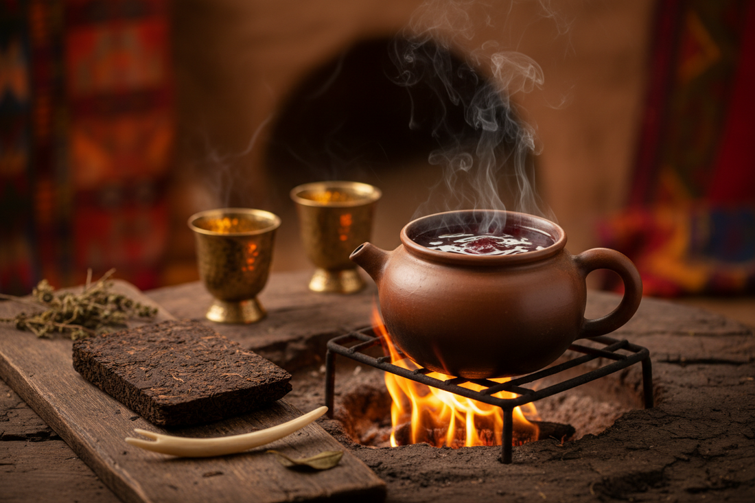 Traditional Gongfu tea ceremony with aged GENSHE Fu Tea — Yixing clay teapot pouring deep amber liquor into porcelain cups on a dark wooden tea tray