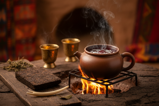 Traditional Gongfu tea ceremony with aged GENSHE Fu Tea — Yixing clay teapot pouring deep amber liquor into porcelain cups on a dark wooden tea tray