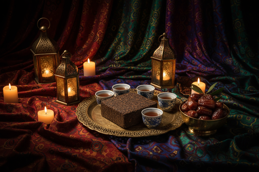 Aged GENSHE Fu Tea brick and porcelain cups on a brass tray with dates — where Silk Road heritage meets Middle Eastern hospitality