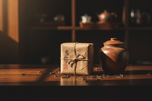 Aged GENSHE Fu Tea brick wrapped in traditional paper beside an unglazed Yixing clay jar on a dark wooden shelf — proper storage for a living treasure