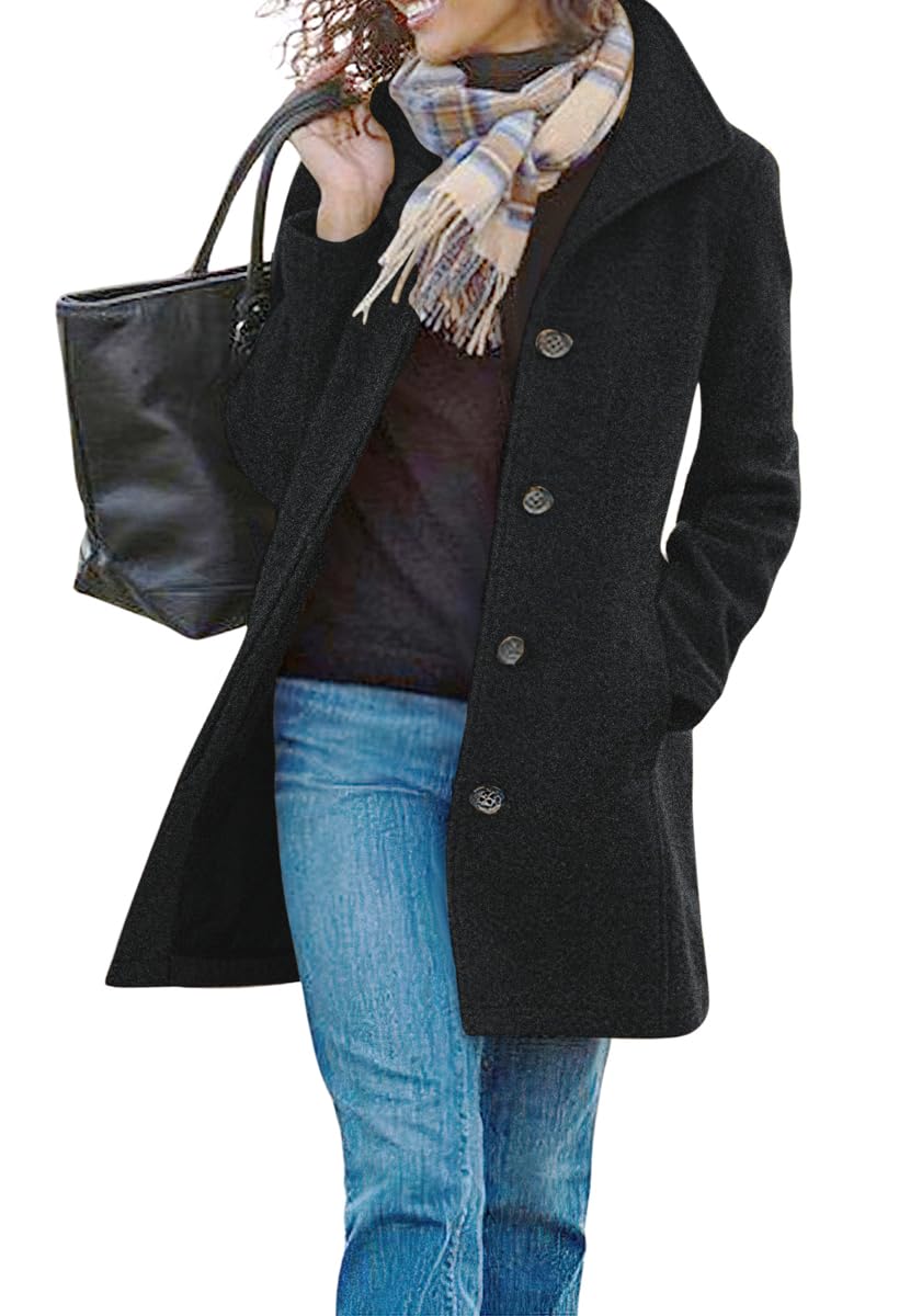 chouyatou Womens Winter Wool Blend Pea Coat Single Breasted Stand Collar Casual Trench Coat Overcoat (XX-Large Black)