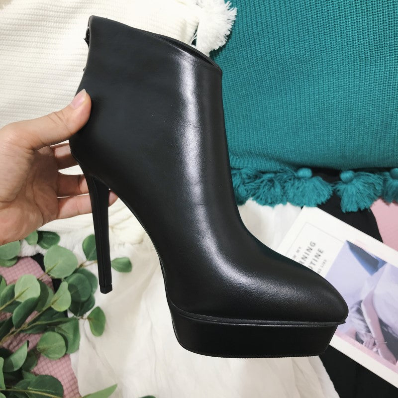 Stiletto High-Heeled Platform Leather Ankle Boots
