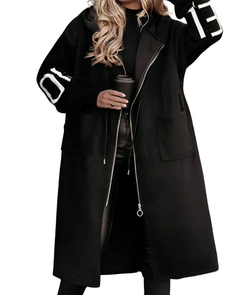 chouyatou Womens Casual Knitted Sleeve Wool Trench Coat Zip Up Hooded Wool Blend Overcoat with Pockets (X-Large Black)