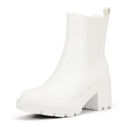 IDIFU White Chelsea Boots Women Slip on Chunky High Heel Ankle Boots Waterproof Formal Casual Dress Booties Comfortable Fashion Dressy Elastic Platform Short Fall Lug Sole Heeled Boots(White Pu 7.5)