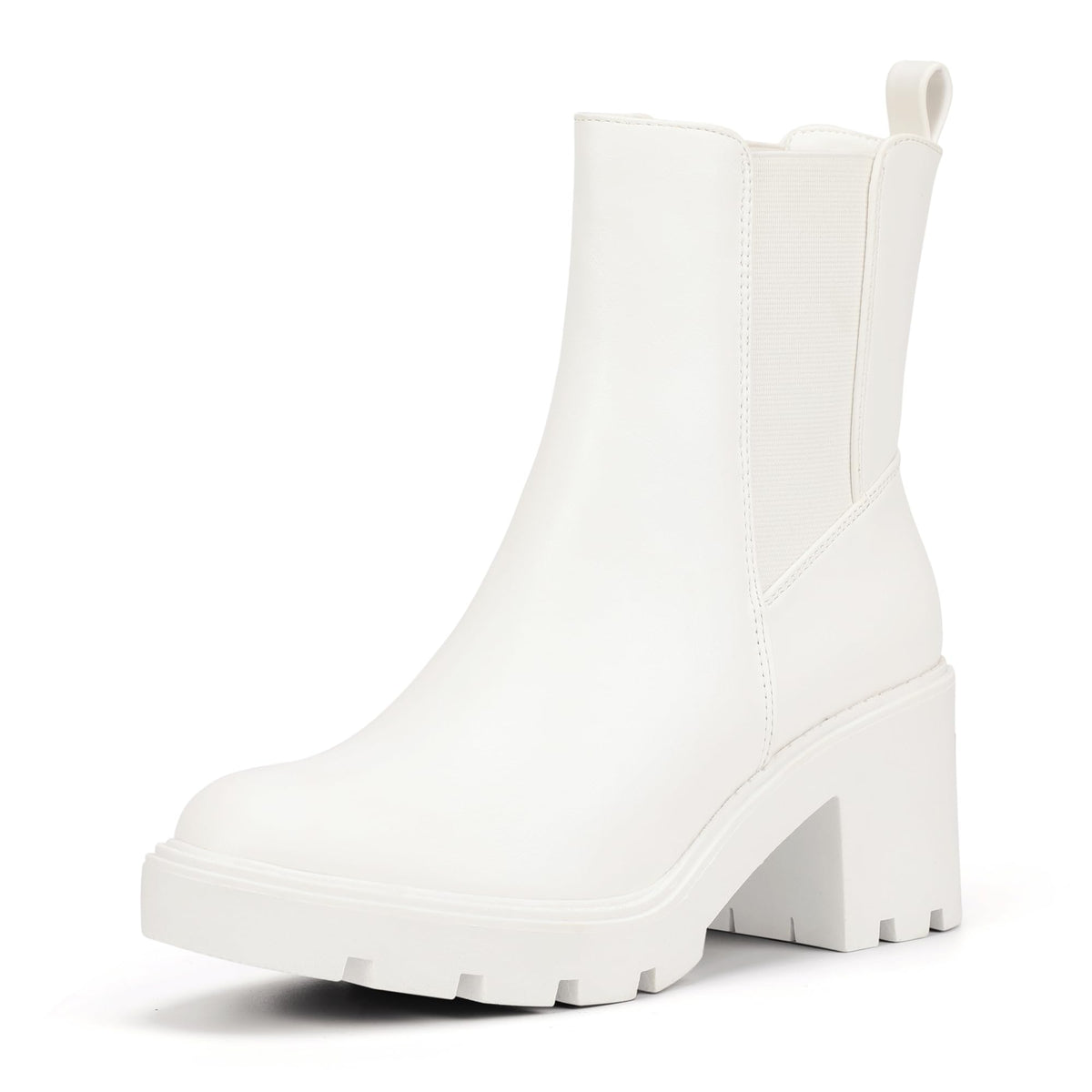 IDIFU White Chelsea Boots Women Slip on Chunky High Heel Ankle Boots Waterproof Formal Casual Dress Booties Comfortable Fashion Dressy Elastic Platform Short Fall Lug Sole Heeled Boots(White Pu 7.5)