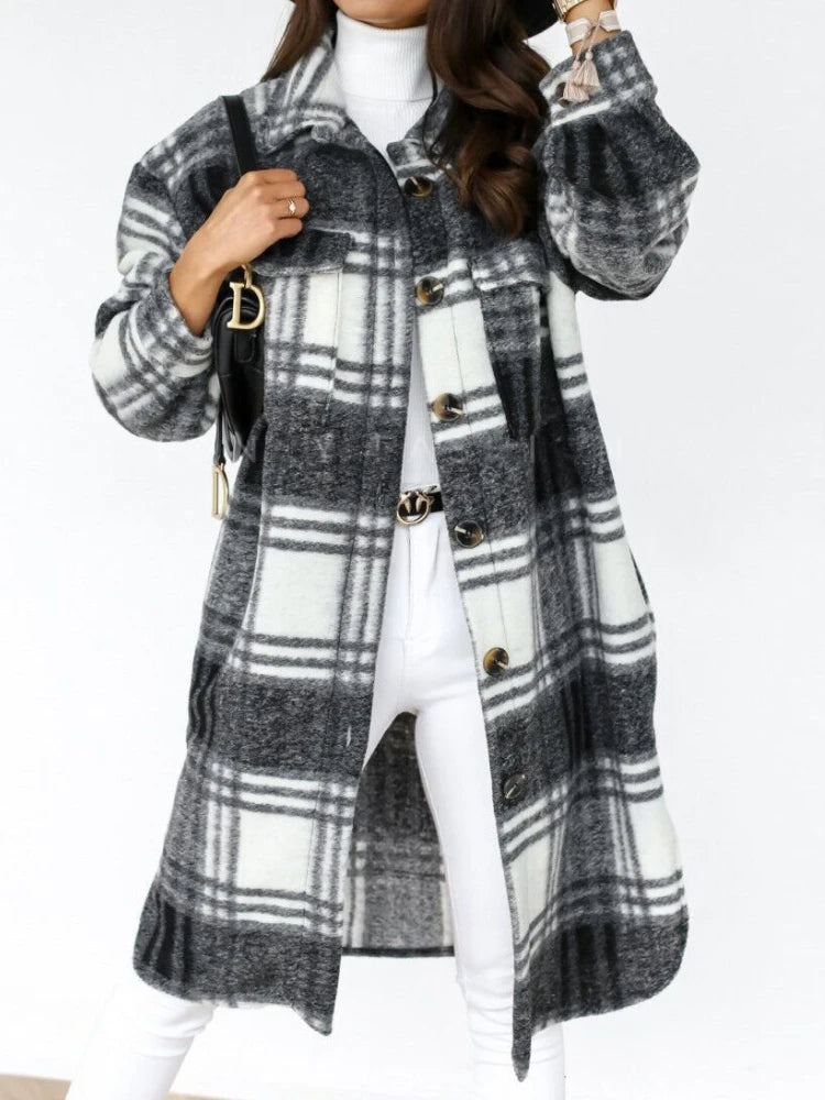 Women's Long Sleeve Wool Plaid Trench Coat for Fall
