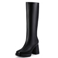 IDIFU Black Knee High Boots for Women Platform Boots Tall High Long Square Toe Chunky Gogo Block Heel Boots Fall Dress Comfortable Fashion Cute Booties for Women Zipper Heeled Boots(Black 5)