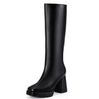 IDIFU Black Knee High Boots for Women Platform Boots Tall High Long Square Toe Chunky Gogo Block Heel Boots Fall Dress Comfortable Fashion Cute Booties for Women Zipper Heeled Boots(Black 5)