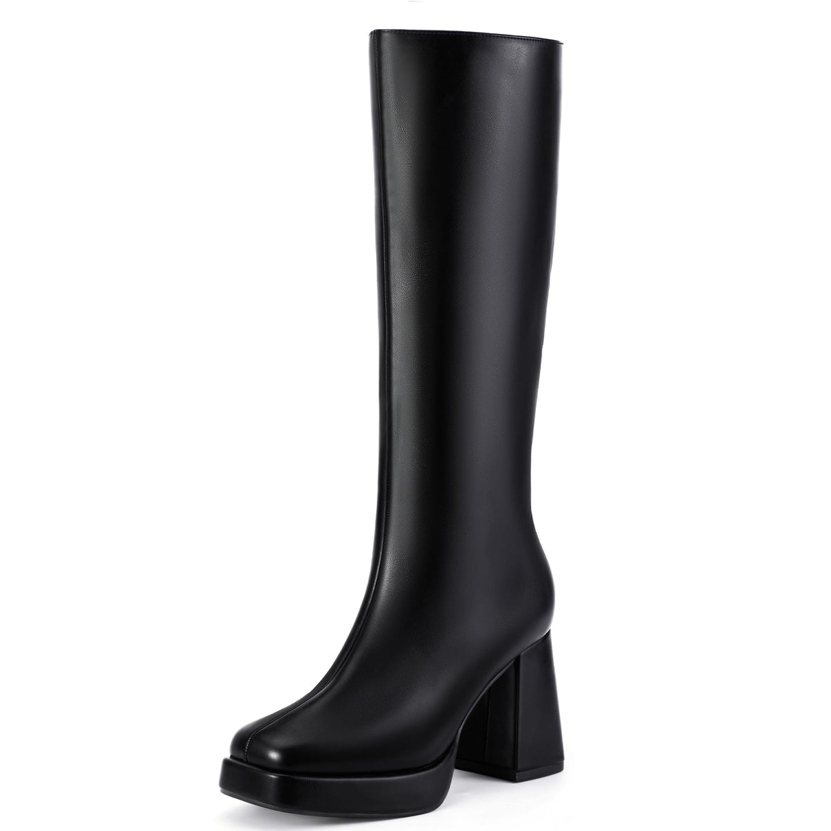 IDIFU Black Knee High Boots for Women Platform Boots Tall High Long Square Toe Chunky Gogo Block Heel Boots Fall Dress Comfortable Fashion Cute Booties for Women Zipper Heeled Boots(Black 5)