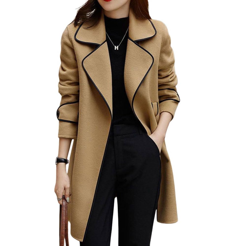 chouyatou Womens Winter Elegant Lapel Open Front Wool Coat Wool Blend Trench Pea Coat with Belt (X-Large Khaki)