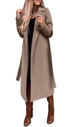 utcoco Womens Long Wool Pea Coats Notched Collar Open Front Woolen Blend Trench Coat with Belt (Medium Khaki)