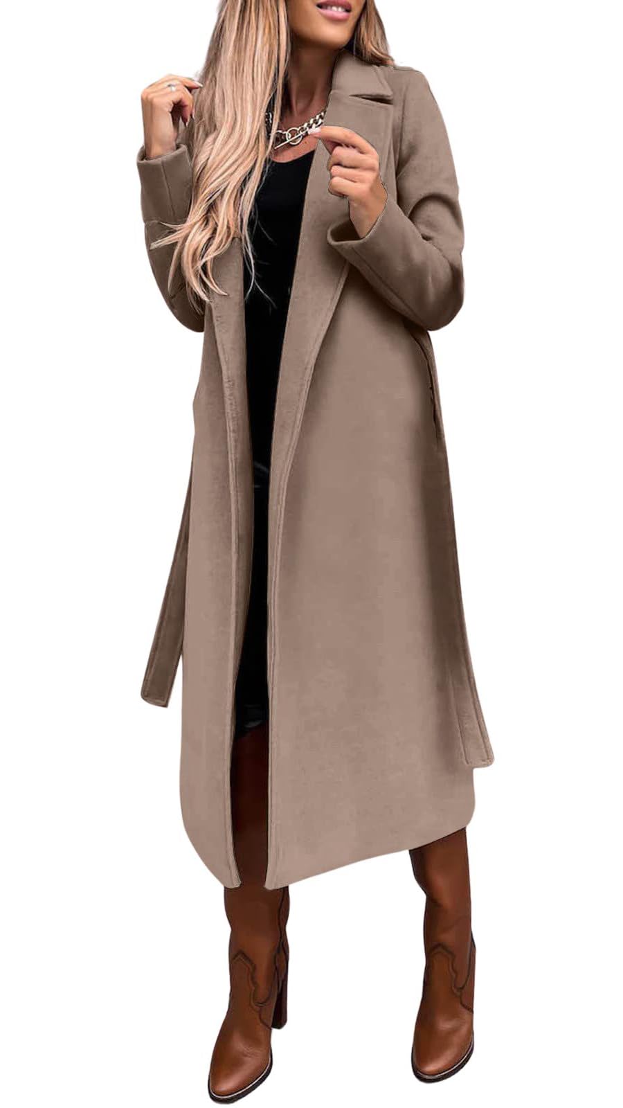 utcoco Womens Long Wool Pea Coats Notched Collar Open Front Woolen Blend Trench Coat with Belt (Medium Khaki)