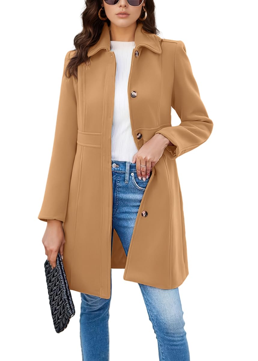chouyatou Womens Single Breasted Button Up Wool Coat Winter Casual Midi Long Wool Blend Trench Coat (Large Camel)