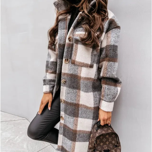 Women's Long Sleeve Wool Plaid Trench Coat for Fall