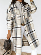 Women's Long Sleeve Wool Plaid Trench Coat for Fall
