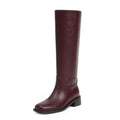 QIY Knee High Boots for Women Chunky Heel Burgundy Slip on Tall Boots for Women Fall 2024 Wide Calf Flat Boots High Heeled Long Leather Square Toe Boots Low Heel Size 9.5