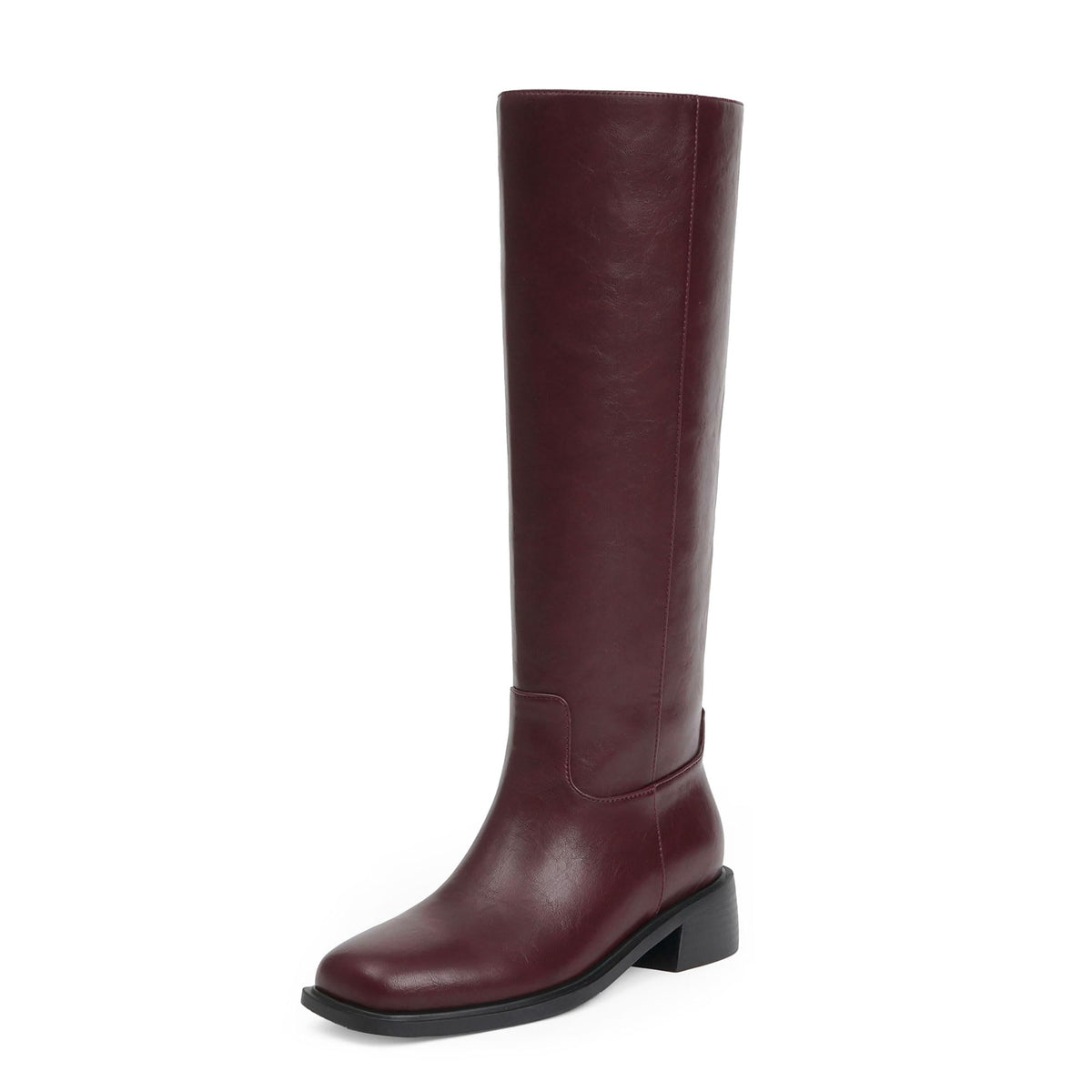 QIY Knee High Boots for Women Chunky Heel Burgundy Slip on Tall Boots for Women Fall 2024 Wide Calf Flat Boots High Heeled Long Leather Square Toe Boots Low Heel Size 9.5