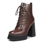 Wetviro Platform Combat Boots for Women Womens Heeled Combat Motorcycle Boots Chunky High Heel Booties Square Toe Lace Up Biker Shoes Ankle Boots