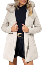 Bellivera Women Wool Blend Jacket Long Fleece Hooded Casual Trench Belted Coat with Fur Collar 07CL Beigeapricot S