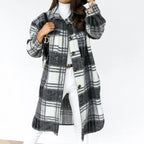 Women's Long Sleeve Wool Plaid Trench Coat for Fall